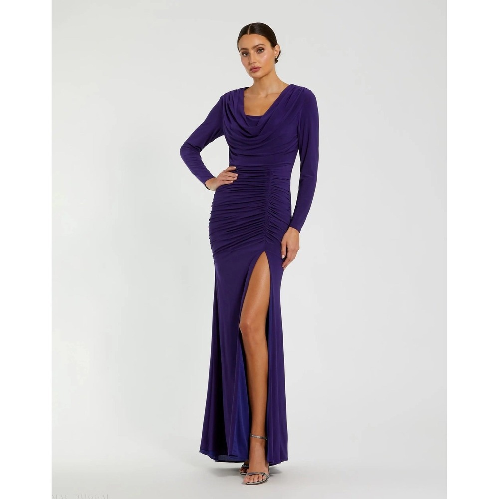 Ieena for Mac Duggal‎ Purple Long Sleeve Cowl Neck Ruched Jersey Gown With Slit